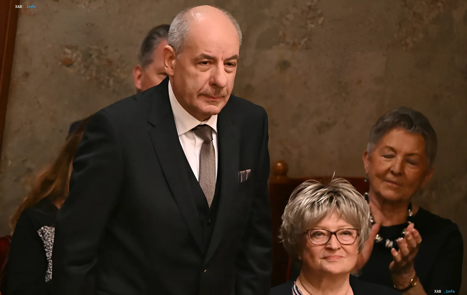 Ungarischer Präsident Tamás Sulyok in einem formellen Anzug vor Anwesenden, der den Moment seiner offiziellen Absetzung während einer radikalen Machtreinigung darstellt.