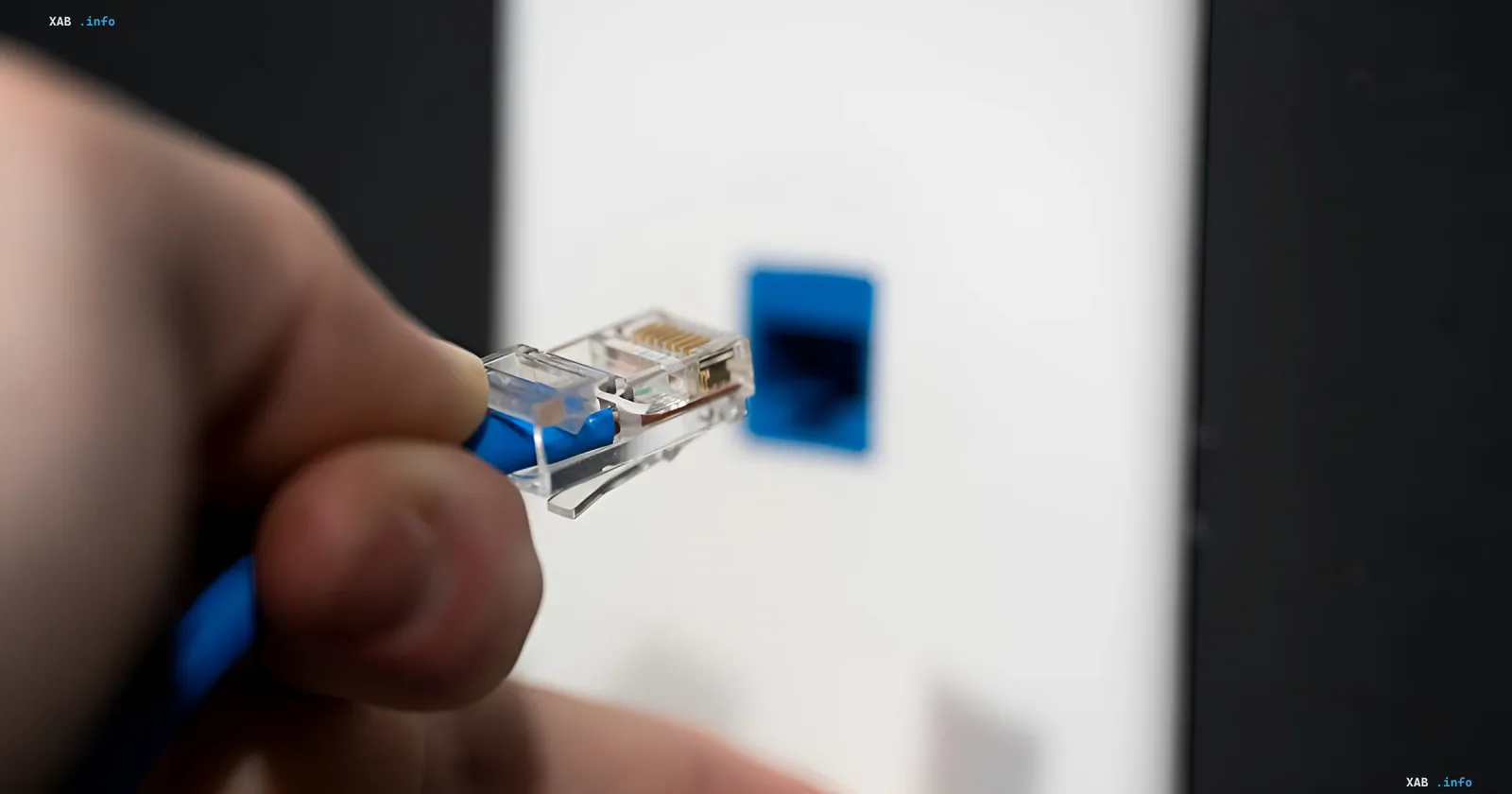 Рука тримає синій мережевий кабель RJ45 перед портом, ілюструючи просту заміну, яка збільшила швидкість інтернету в 100 разів після поради ШІ