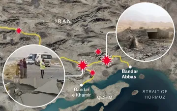Karte des Iran mit markierten Angriffspunkten auf Brücken, die den Hafen Bandar Abbas mit dem Rest des Landes verbinden, sowie Einblendungen von zerstörten Strukturen und blockierten Straßen.