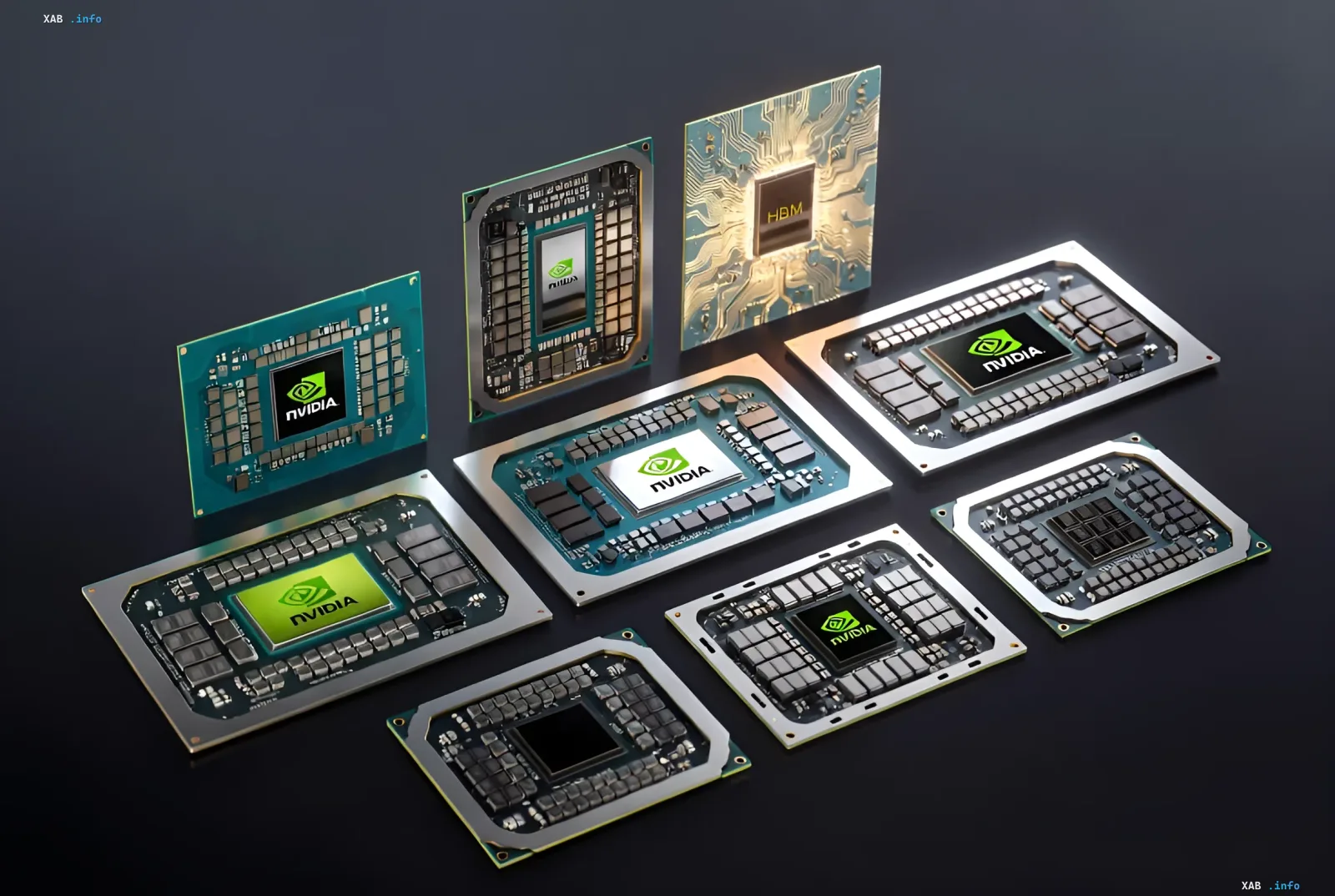 Arrays von Nvidia-Chips mit dem Firmenlogo, einschließlich H200, auf dunklem Hintergrund, die die US-Genehmigung für Lieferungen nach China symbolisieren