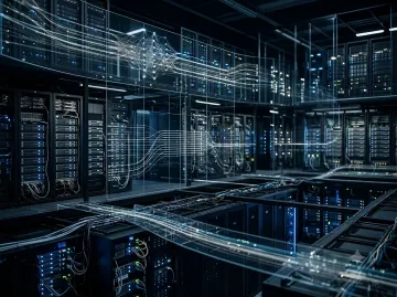 Серверная комната с визуализацией работы искусственного интеллекта и защиты критической инфраструктуры
