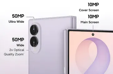 Infographic with Samsung Galaxy Z Fold8 and Flip8 cameras: 50MP ultra-wide and main, 10MP front cameras