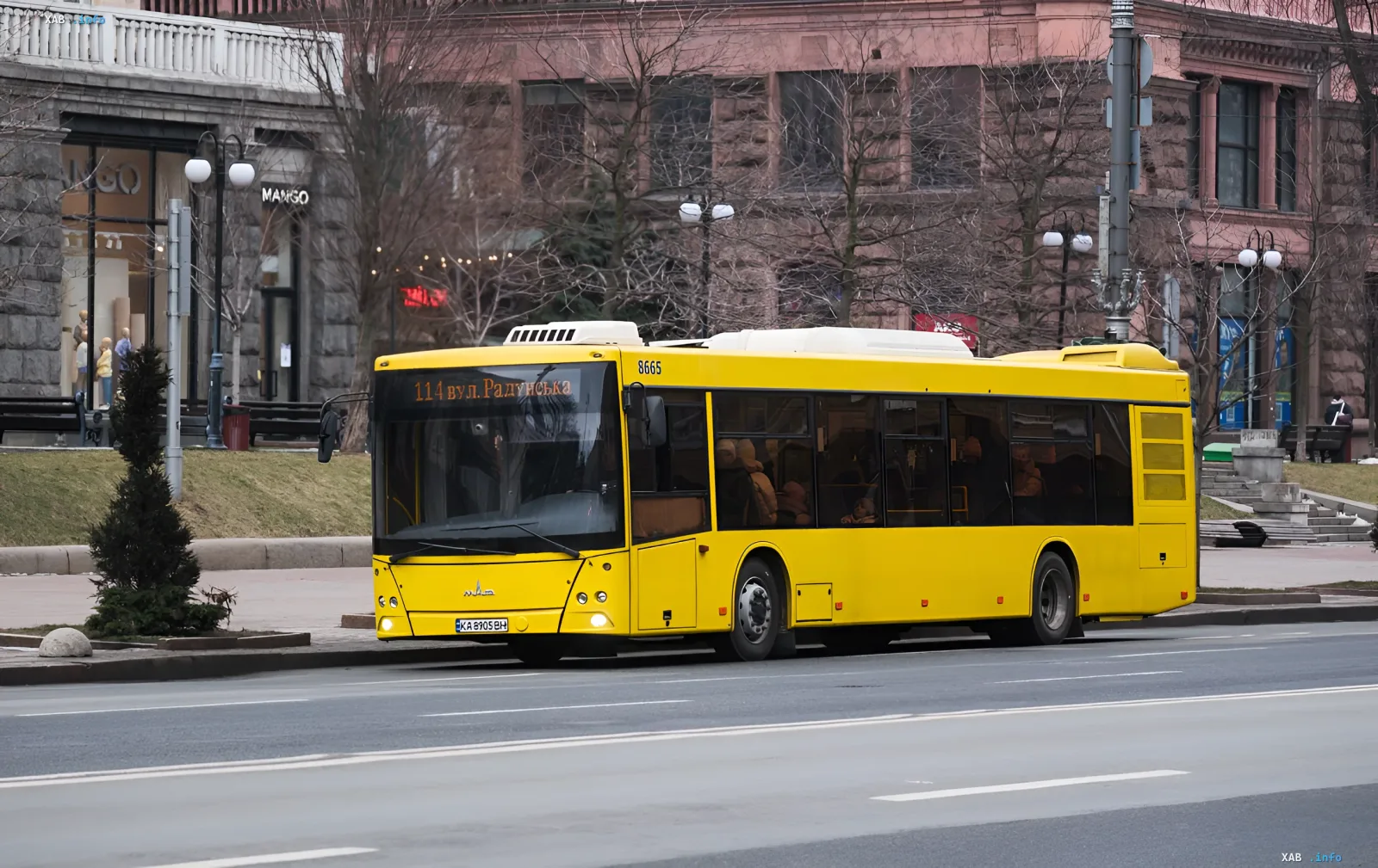 Yellow city bus route 114 in Kyiv, operating under revised schedule following nighttime incident