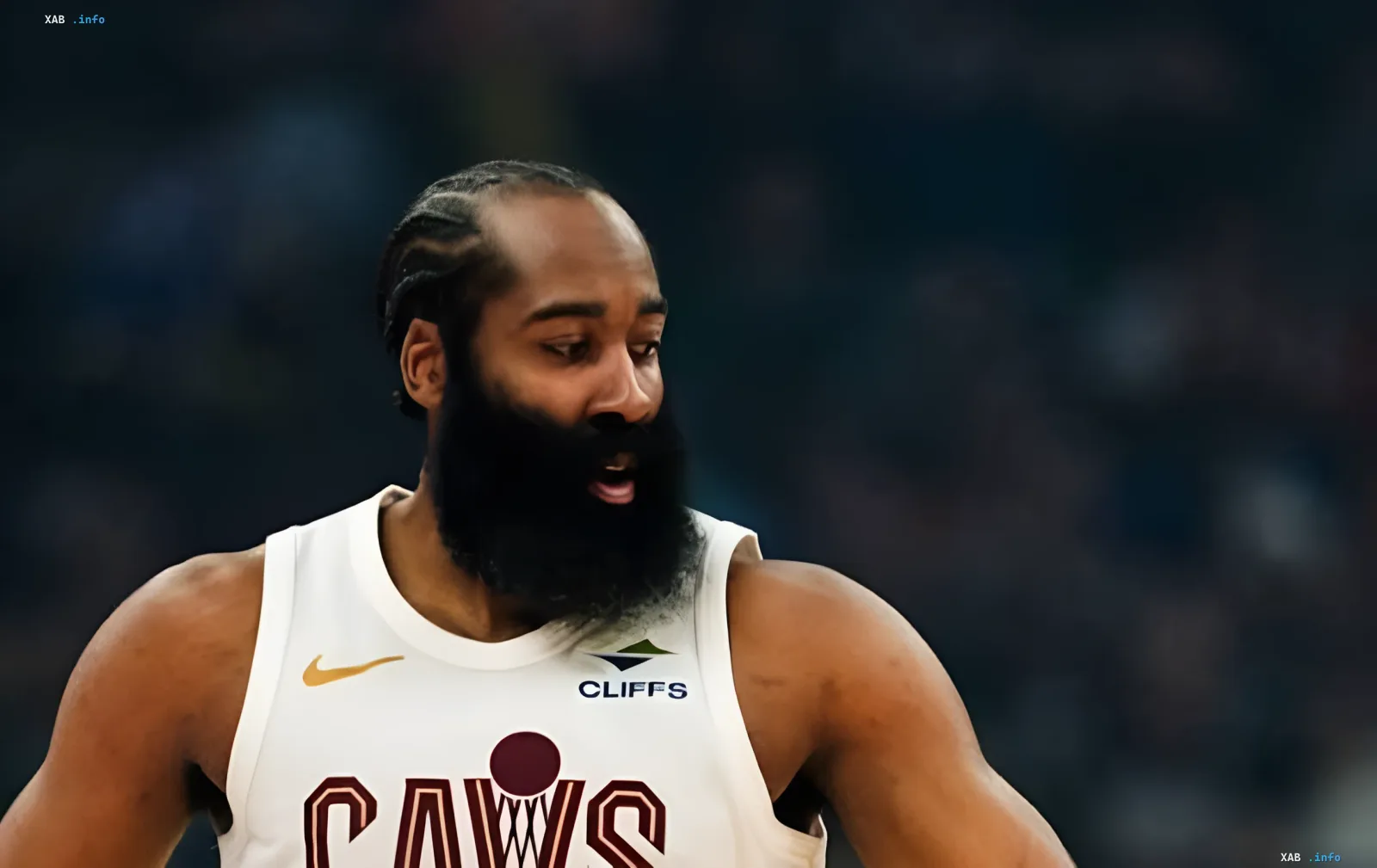 James Harden in Cleveland Cavaliers jersey with serious expression, discussing the idea of LeBron James ending his career in his hometown