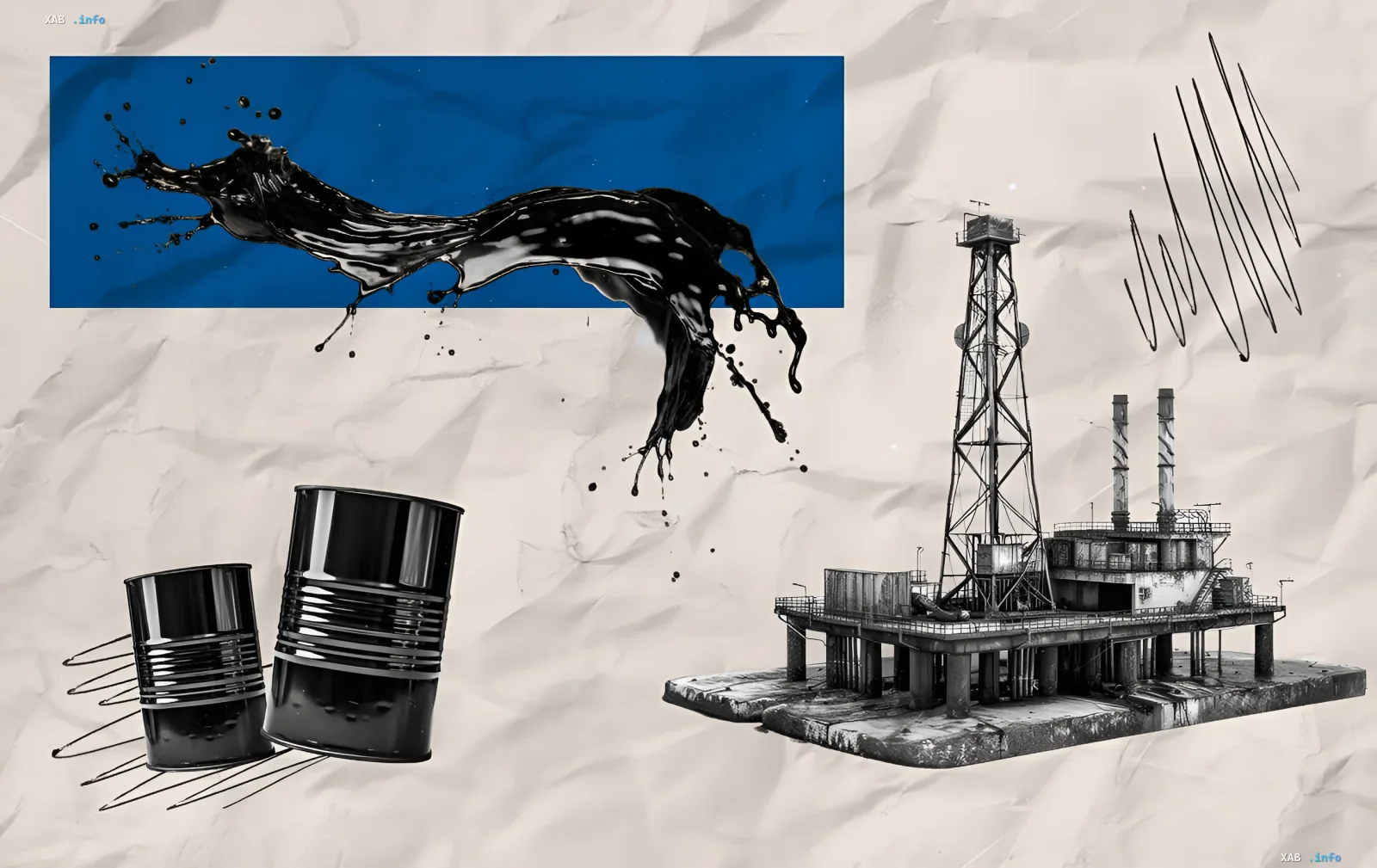 Графическая иллюстрация роста цен на топливо в Украине: бочки с нефтью, нефтяная вышка и черная жидкость на синем фоне