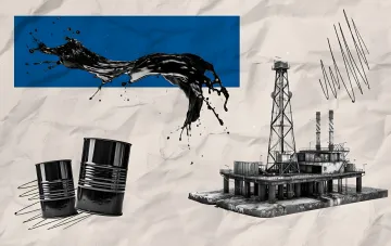 Графическая иллюстрация роста цен на топливо в Украине: бочки с нефтью, нефтяная вышка и черная жидкость на синем фоне
