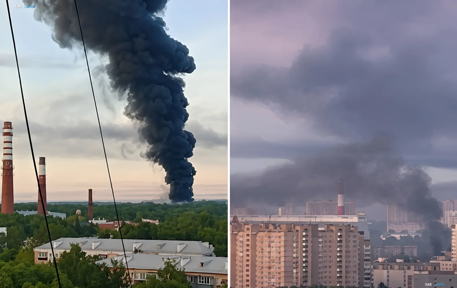 Густой черный дым поднимается в небо над городом, символизируя последствия масштабных атак по объектам РФ в Москве и на Черном море.