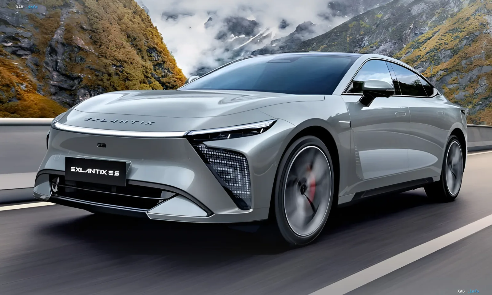 Silver sedan Chery Exeed Exlantix ES 2027 on a mountain road, showcasing futuristic design and AI technology