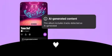 Интерфейс Deezer с уведомлением об AI-сгенерированном контенте на альбоме Tone Def