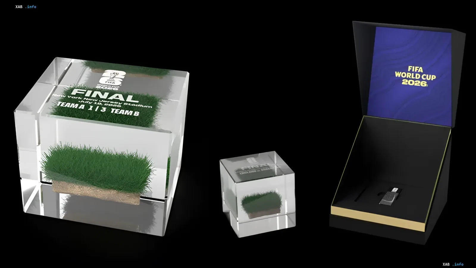 Kollektionsfähige Rasenfragmente vom Finale der WM 2026 in klaren Acrylblöcken und offizieller FIFA-Geschenkverpackung