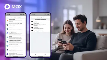 Молода пара використовує месенджер Max на смартфонах, щоб отримати доступ до державних послуг, інтегрованих у додаток
