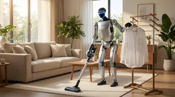 Humanoid-Roboter Unitree G1 putzt die Wohnung: saugt den Teppich und hängt ein Hemd auf