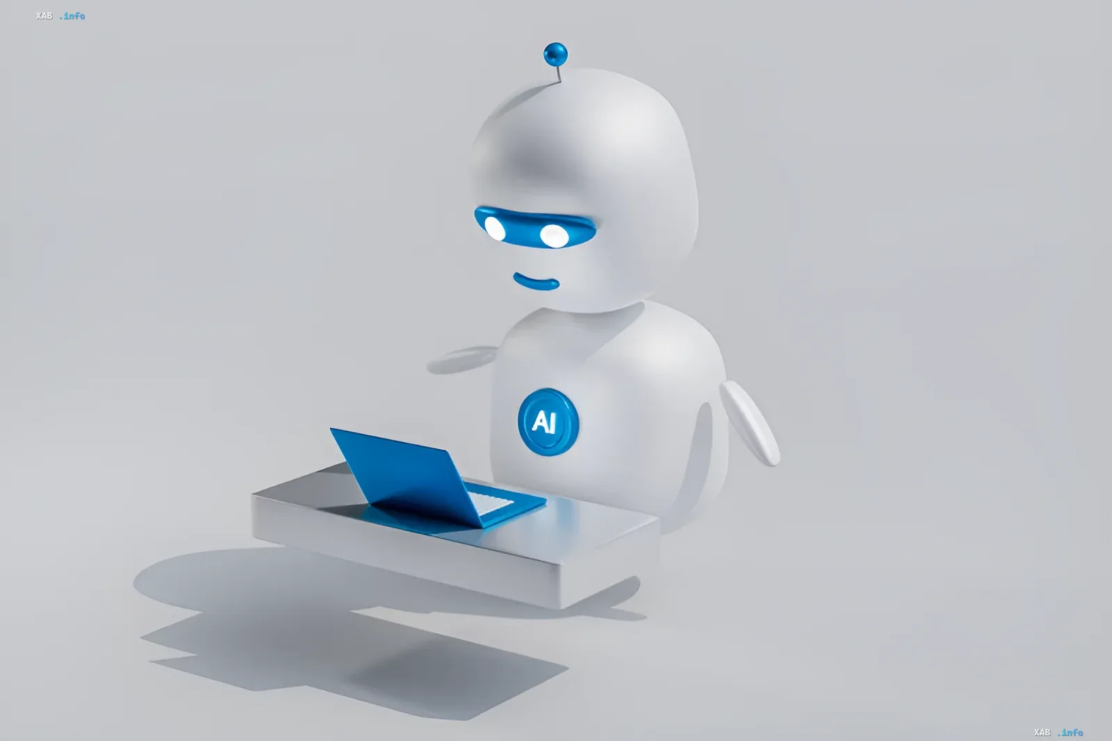 3D robot with AI logo working on a laptop, symbolizing doubled web traffic from AI bots to media and retail sites
