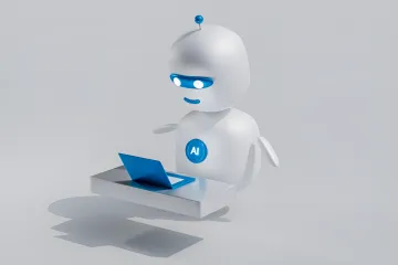 3D robot with AI logo working on a laptop, symbolizing doubled web traffic from AI bots to media and retail sites