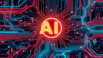 Symbolische KI-Grafik auf Leiterplattenhintergrund: leuchtende rote und blaue Spuren mit zentralem AI-Logo, die globale Debatten über Open-Source-KI und OpenAIs strategische Wende im Wettbewerb mit Kimi K3 widerspiegeln