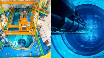 Luftaufnahme eines Reaktortestbeckens und eines Unterwasser-Roboter-Manipulators im Rahmen des chinesischen ADANES-Projekts zur KI-Integration in der Kernenergie