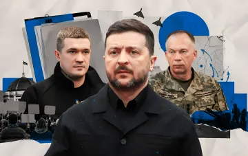 Коллаж с Зеленским, Федоровым и Залужным на фоне символов кризиса в Киеве