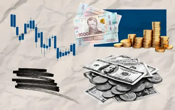 Diagramm des Anstiegs des Dollar-Kurses, ukrainische Griwna und US-Dollar mit Münzen — Illustration für Nachrichten über Währungsaufwertung und steigende Nachfrage nach Wohnraum