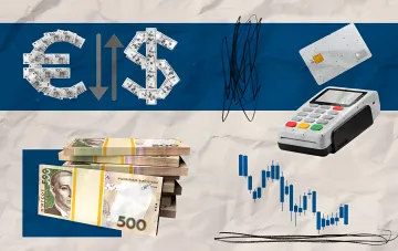Grafische Darstellung der Wechselkurse in der Ukraine: Euro- und Dollar-Symbole aus Banknoten, Stapel Hrywnja, Zahlungsterminal und Kursschwankungsdiagramm vor ukrainischer Flagge