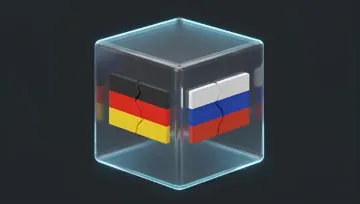 Symbolisches Bild von Deutschland und Russland in einem transparenten Würfel mit Rissen, das geheime Verhandlungen zwischen ehemaligen Beamten der RF und Deutschlands über die Ukraine in Baku widerspiegelt.