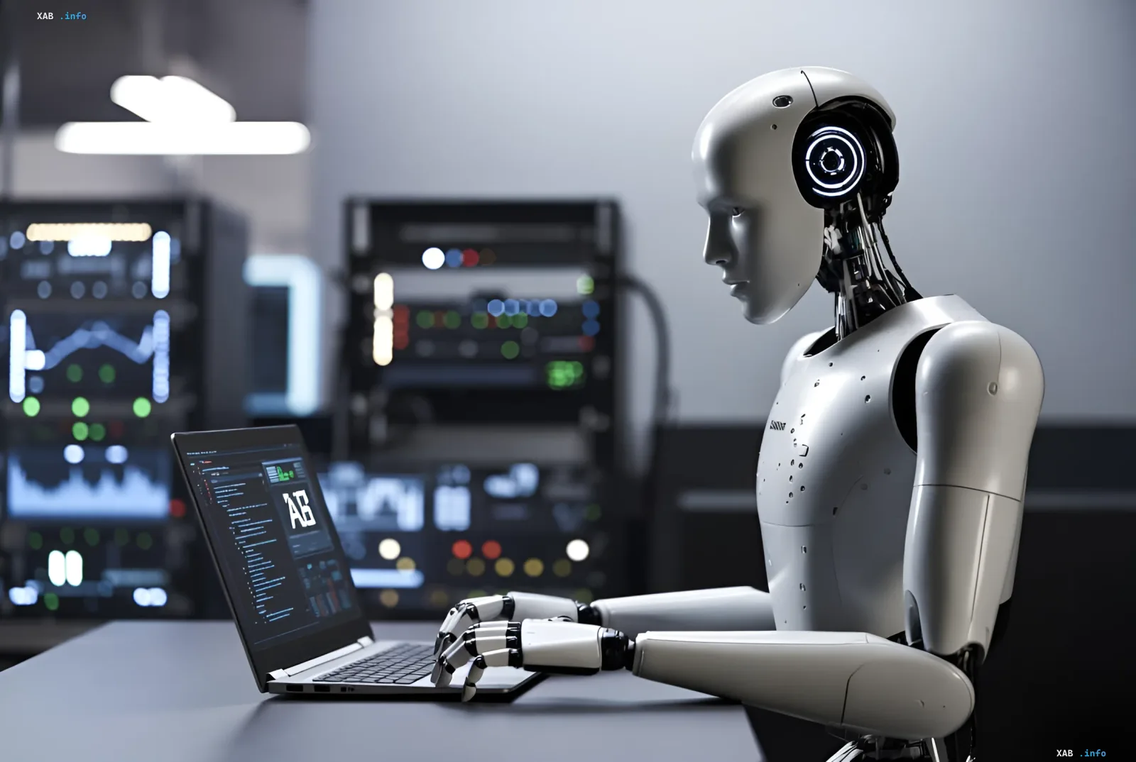 Roboter analysiert Daten auf einem Laptop in einem Serverraum, illustriert den Nvidia KI-Detektor zur Erkennung synthetischer Videos