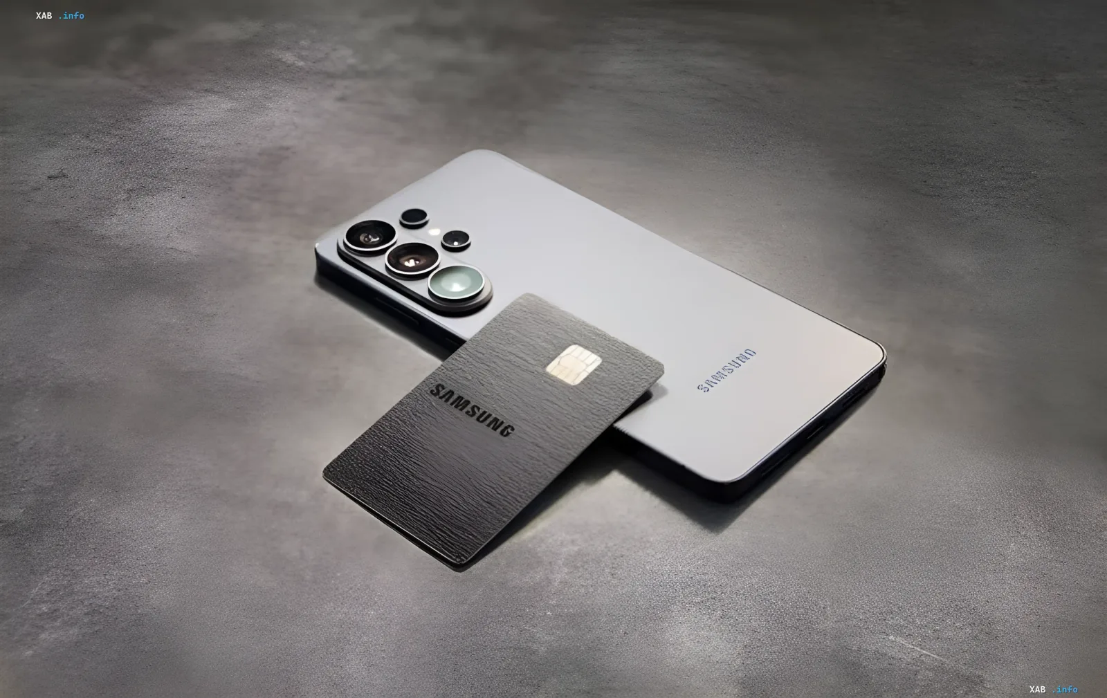 Black Samsung Galaxy Card credit card rests on a white Samsung Galaxy S23 Ultra smartphone, symbolizing up to 5% cashback on brand tech