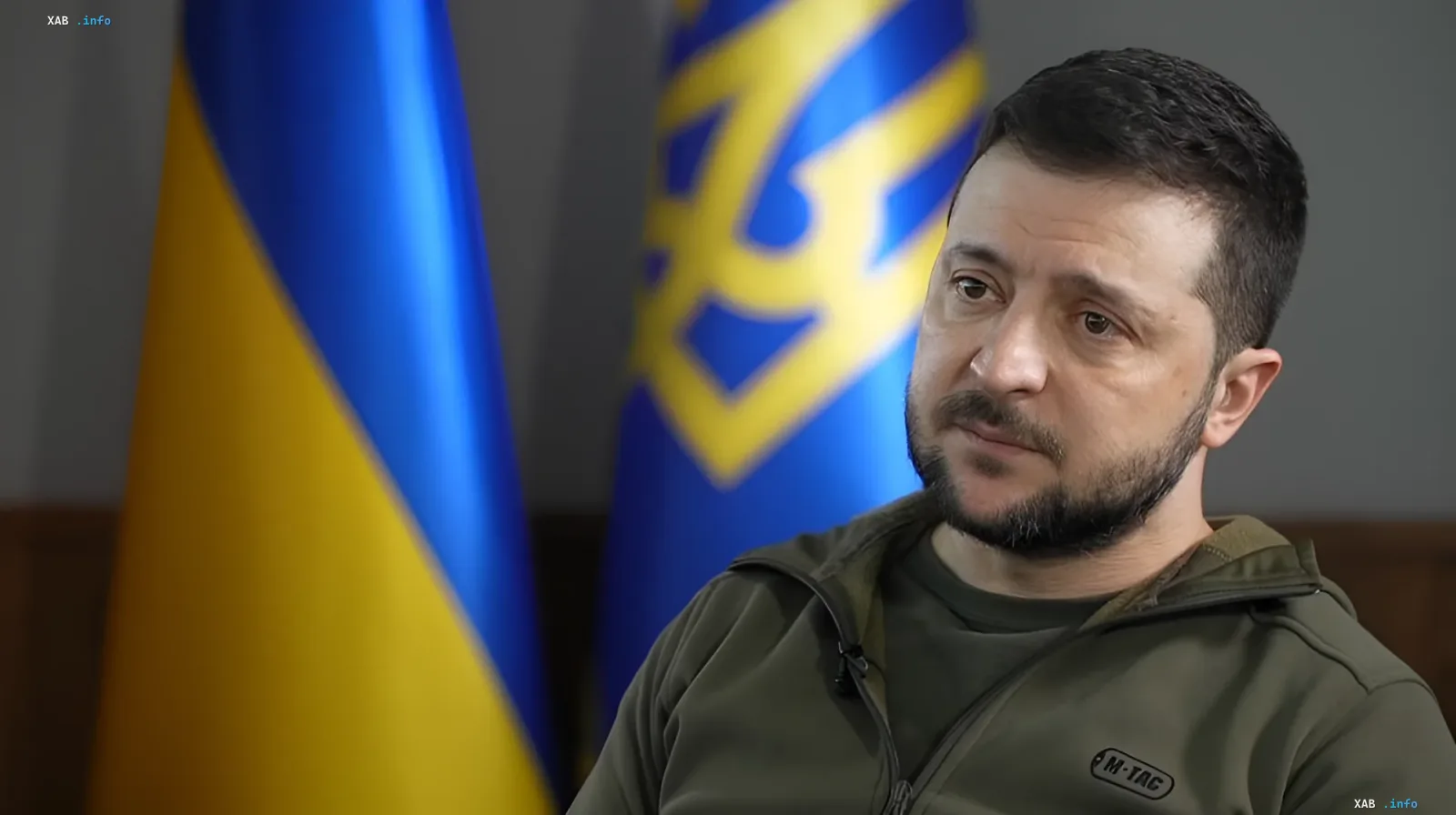 Президент Украины Владимир Зеленский на фоне украинских флагов, обсуждающий критический запрос на ПВО Patriot в Сенате США