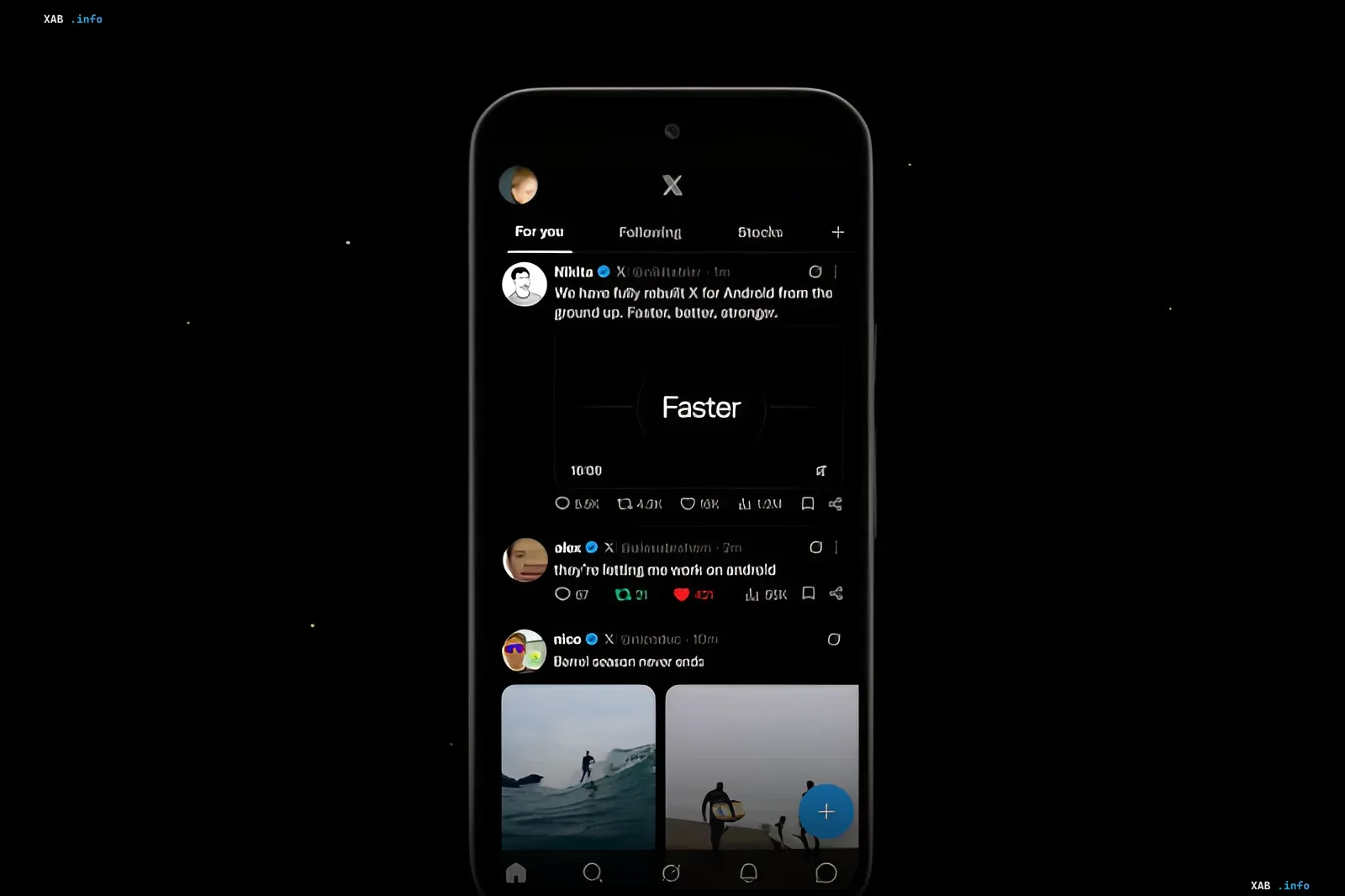 Screenshot of the updated X app for Android featuring Elon Musk's tweet about rebuilding the app from scratch