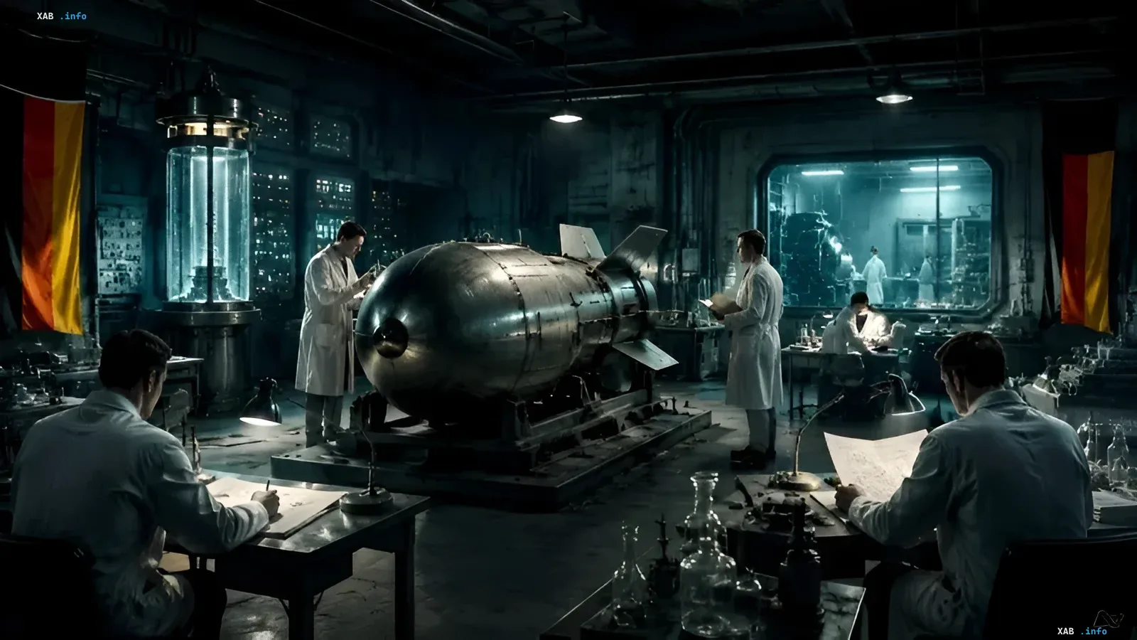 Wissenschaftler in einem Labor arbeiten an der Herstellung einer Atombombe, deutsche Flaggen im Hintergrund
