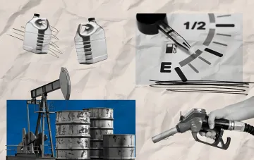 Collage mit Kraftstoffkanistern, Ölpumpe, Fässern und Kraftstoffanzeige, die den Anstieg der Benzinpreise in der Ukraine am 21. Juli symbolisieren