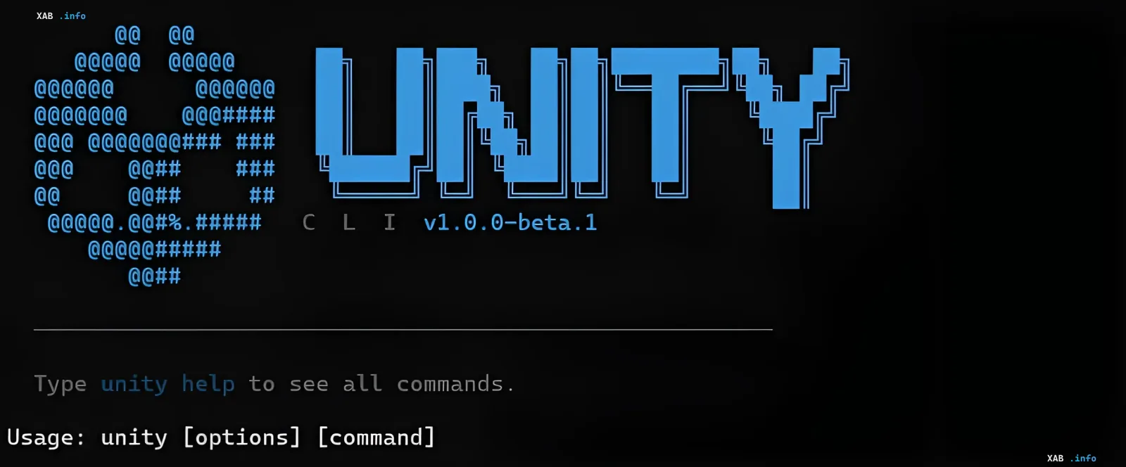 Unity CLI v1.0.0-beta.1 Kommandozeilenoberfläche mit Unity-Logo und ASCII-Kunst, die das neue Tool für KI-Agenten zur automatischen Fehlersuche in Spielen zeigt.
