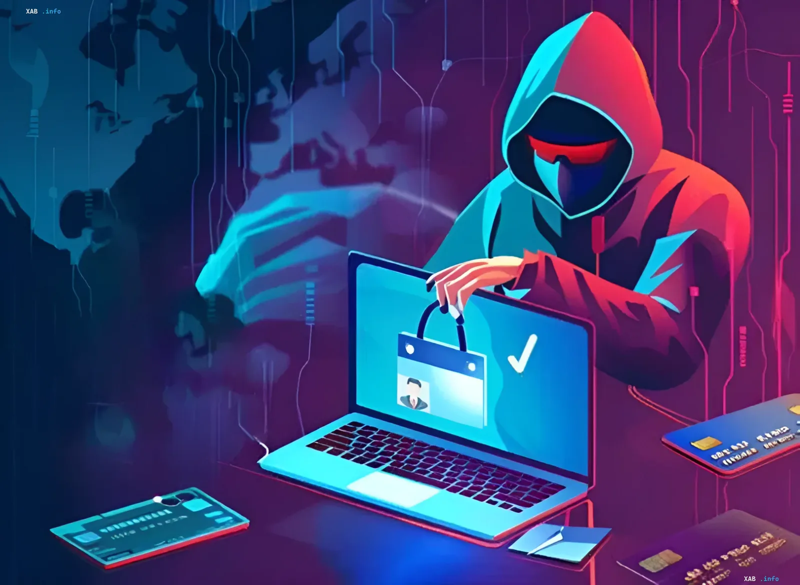 Cyberkrimineller in Kapuze stiehlt Daten vom Laptop, Bildschirm zeigt Bankkarte und Haken; verstreute Karten und digitaler Hintergrund symbolisieren die Schattenwirtschaft Südostasiens