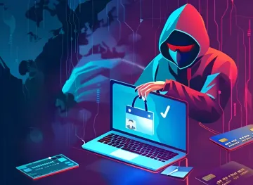 Cyberkrimineller in Kapuze stiehlt Daten vom Laptop, Bildschirm zeigt Bankkarte und Haken; verstreute Karten und digitaler Hintergrund symbolisieren die Schattenwirtschaft Südostasiens