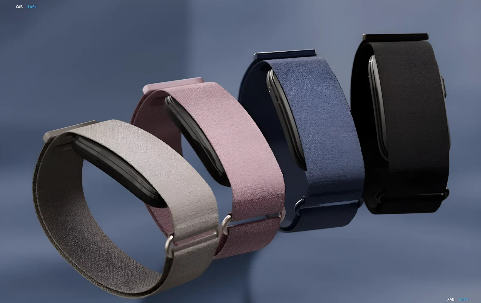 Vier Garmin CIRQA Fitness-Tracker in verschiedenen Armbandfarben, die das bildschirmlose Design zeigen