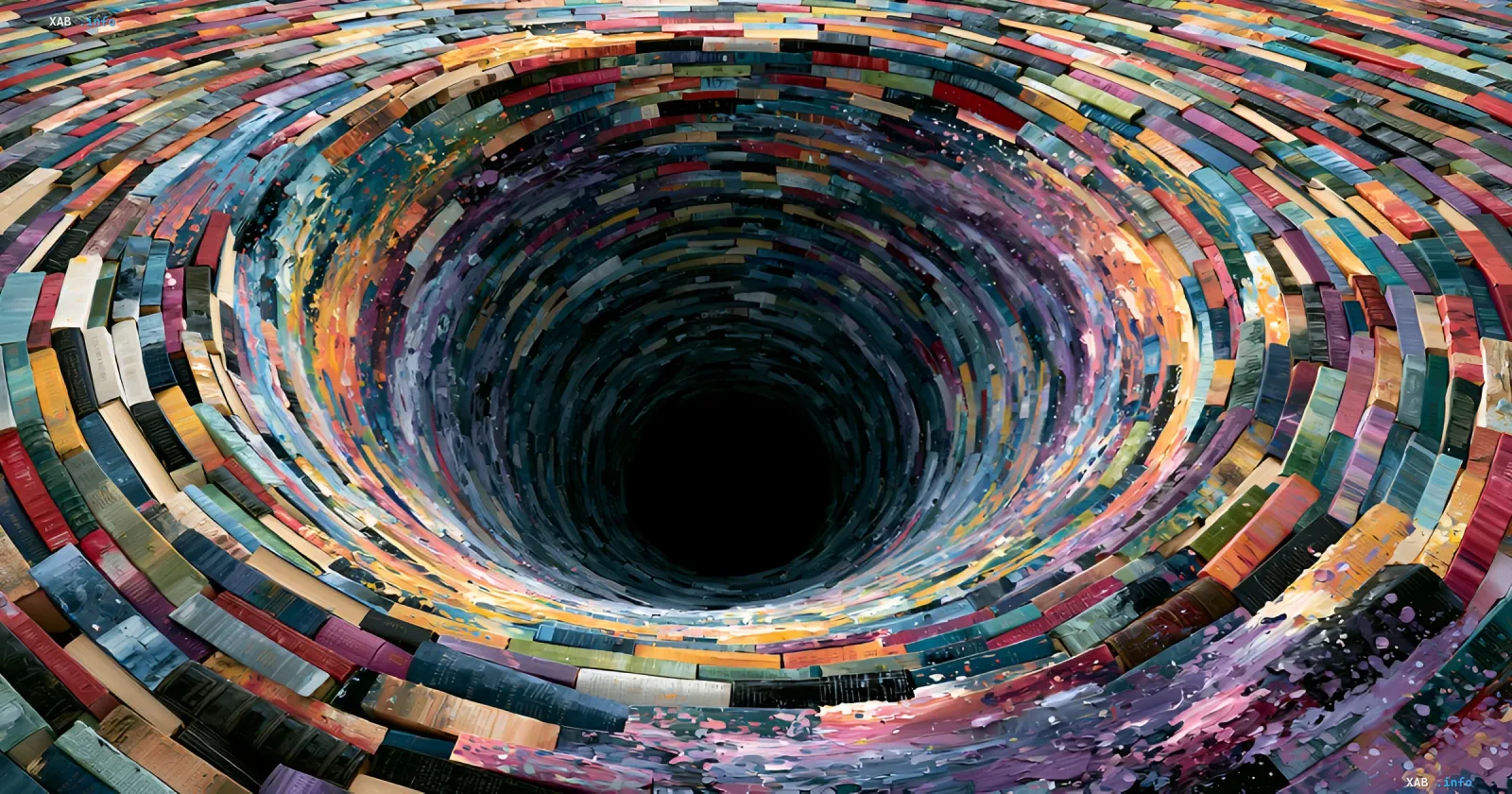 Вихрь разноцветных книг, символизирующий масштаб нарушения авторских прав и рекордную выплату Anthropic