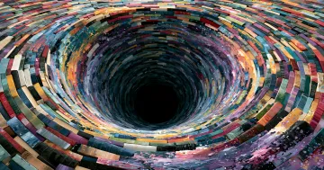 Вихрь разноцветных книг, символизирующий масштаб нарушения авторских прав и рекордную выплату Anthropic