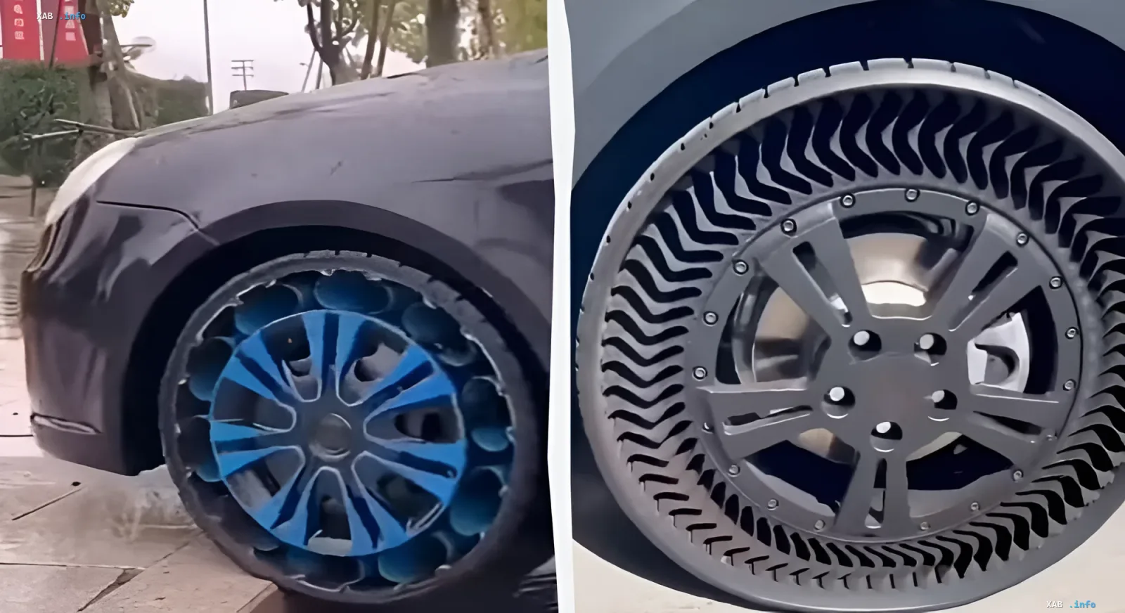 Vergleich des Prototyps der luftlosen Bridgestone-Reifen am Auto und detailliertes Rendering der Konstruktion