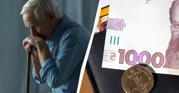 Rentner mit Gehstock neben ukrainischen Griwna-Banknoten — Illustration zur Nachricht über bis zu 1300 Griwna für Rentner mit Unterhaltsberechtigten
