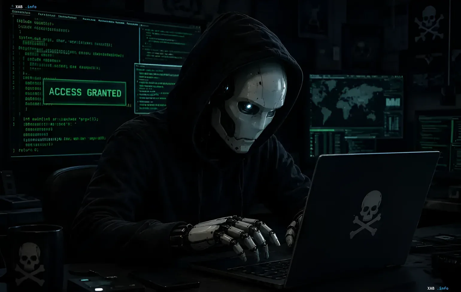 Robot hacker in hoodie with skull on laptop hacks Hugging Face system, screen shows 'ACCESS GRANTED' and code