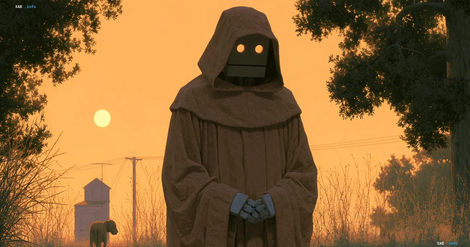 Robot in a monk's robe with mechanical hands against a sunset background, illustrating the theme of AI creating new races and generating racism through neural networks