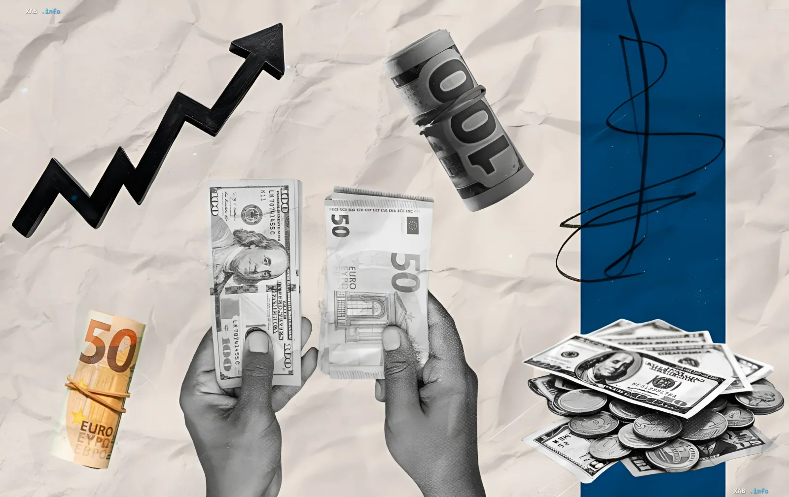 Dollar rate rises to 45 hryvnias: hands holding dollars and euros, graph shows growth, pile of money in the background