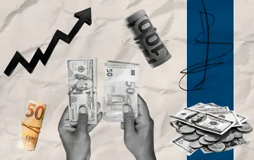 Dollar-Kurs steigt auf 45 Hrywnja: Hände halten Dollar und Euro, Diagramm zeigt Anstieg, Geldstapel im Hintergrund