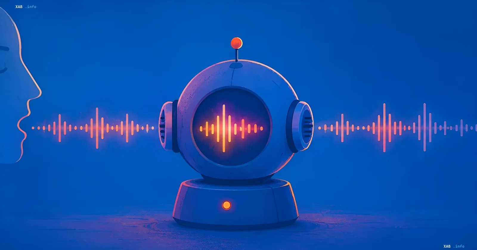 Robot with voice interface and sound waves, symbolizing Meta*'s patent for continuous voice and environment recording to analyze emotions under the guise of a fitness tracker