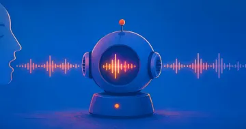 Robot with voice interface and sound waves, symbolizing Meta*'s patent for continuous voice and environment recording to analyze emotions under the guise of a fitness tracker