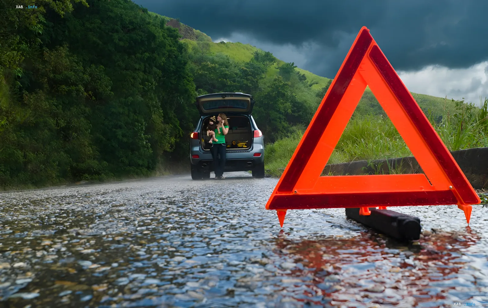 Woman with child near broken car on road, emergency sign nearby, dark weather