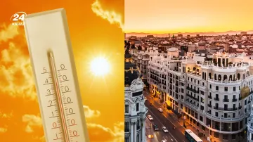 Thermometer zeigt extreme Hitze vor einem Sonnenuntergangshimmel über einer spanischen Stadt – Illustration zur Nachricht über den „Wärmedom“ und Sandsturm aus der Sahara