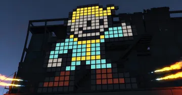 Pixelrobot-Konstruktor vor einem zerstörten Turm, der Fallout und Entlassungen bei Bethesda symbolisiert
