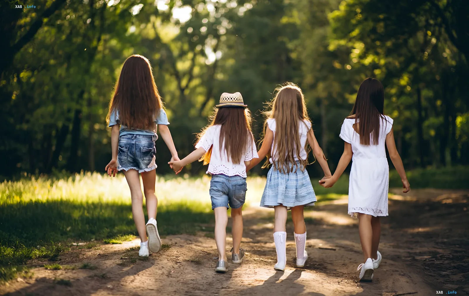 Vier Mädchen halten sich an den Händen und gehen einen Waldweg entlang, was die Zukunft der Kinder und die Bedeutung staatlicher Kinderleistungen in der Ukraine symbolisiert.