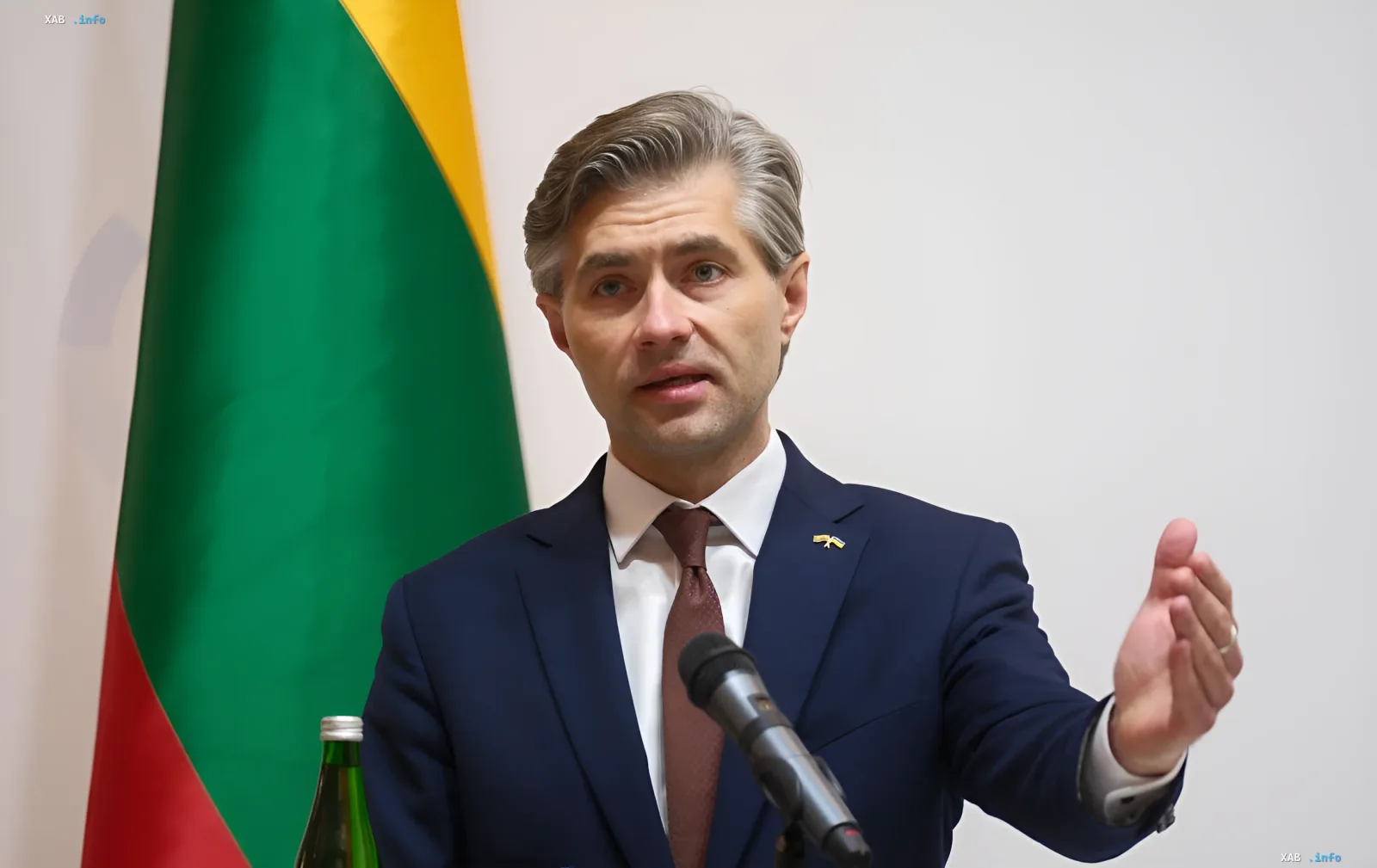 Габриэлюс Бландис выступает с речью на фоне флага Литвы, предупреждая об опасности для единства ЕС из-за санкций с уступками