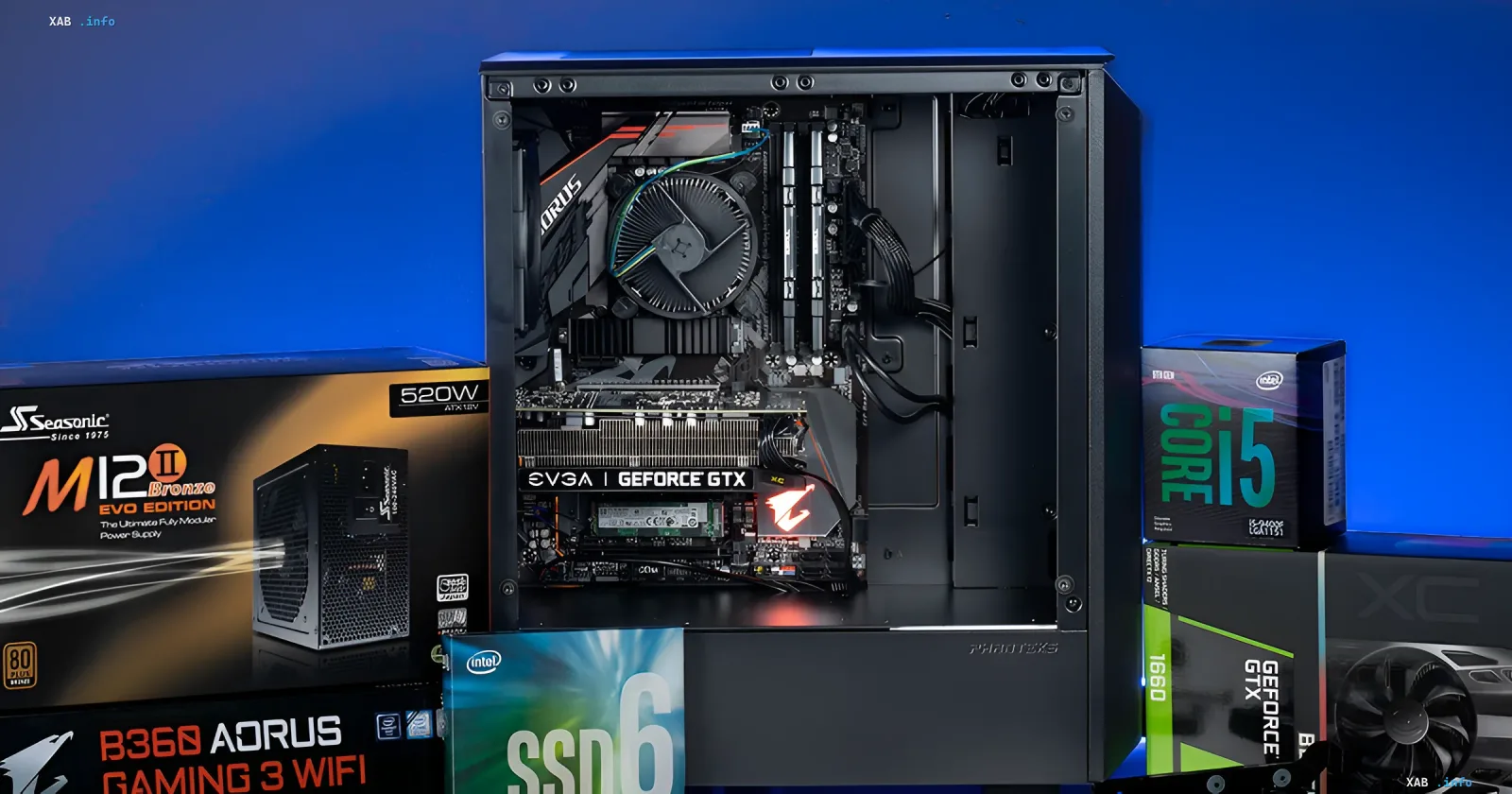 Zusammenbau eines Gaming-PCs mit Gigabyte-, EVGA- und Intel-Komponenten vor Produktverpackungen – Illustration der Speicherkrise und des Rückgangs der PC-Lieferungen